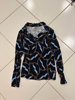 Gottex Black Long-Sleeve Top with Blue Wave and Gold Chain Print